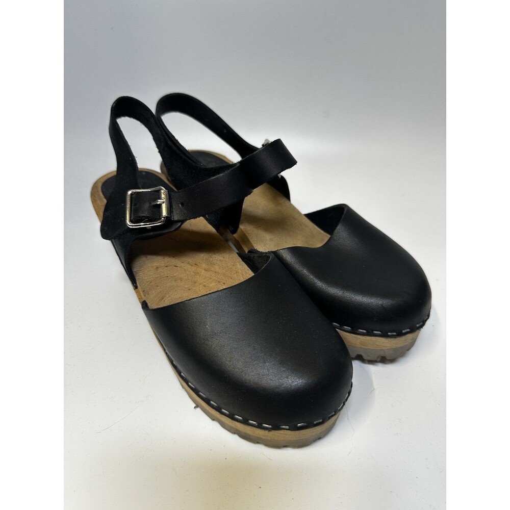 MIA Abba Clogs 38 Black Leather Wood Platform Slingback 70s Swedish Boho